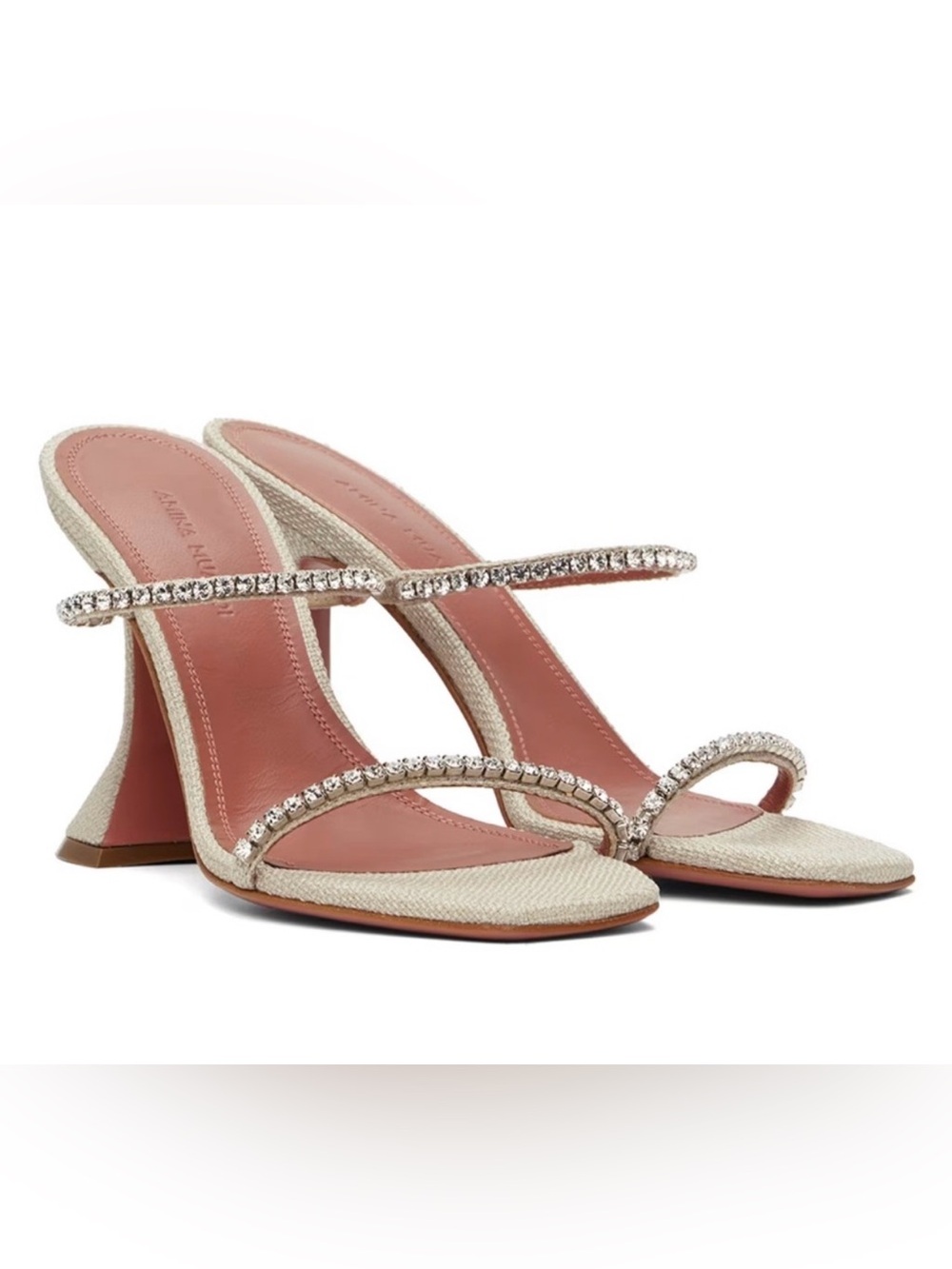 Brand New Amina Muaddi Gilda beige canvas heels with Crystal Straps. Size 37